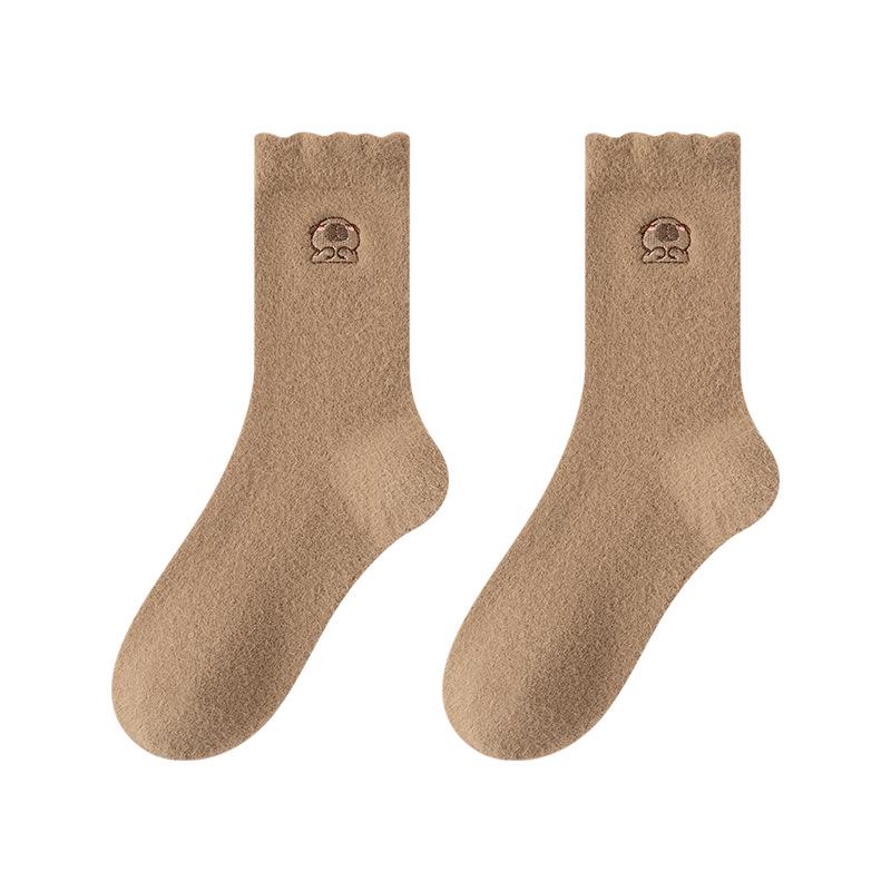 Women's Plush Embroidered Fleece-Lined Mid-Calf Socks - Cute Cartoon Design, Warm and Thick for Autumn and Winter.