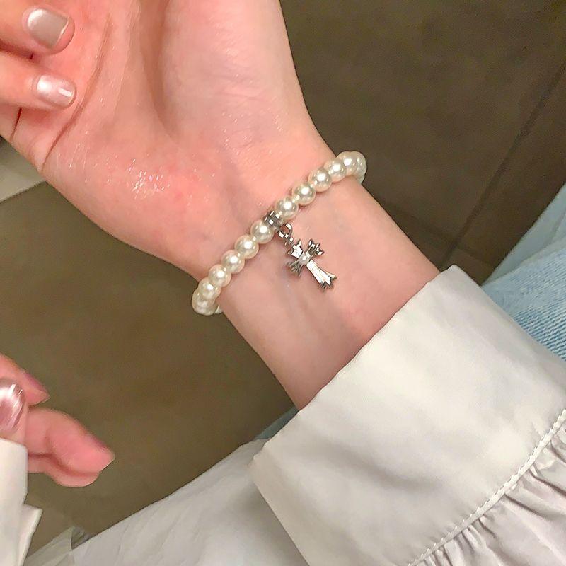 

Summer Cross Pendant Pearl Twin Bracelet Women Niche Design Sense Hand Jewelry Exquisite Jewelry Gift for Girlfriends Pearl ~ Cross Bracelet