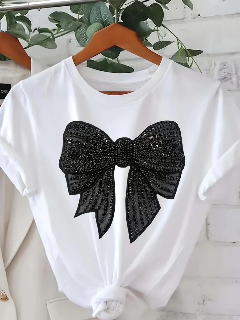 WomenS Sparkling Black Bow TShirt Short Sleeve Casual Crew Neck Rhinestone Detail Ideal for All Seasons