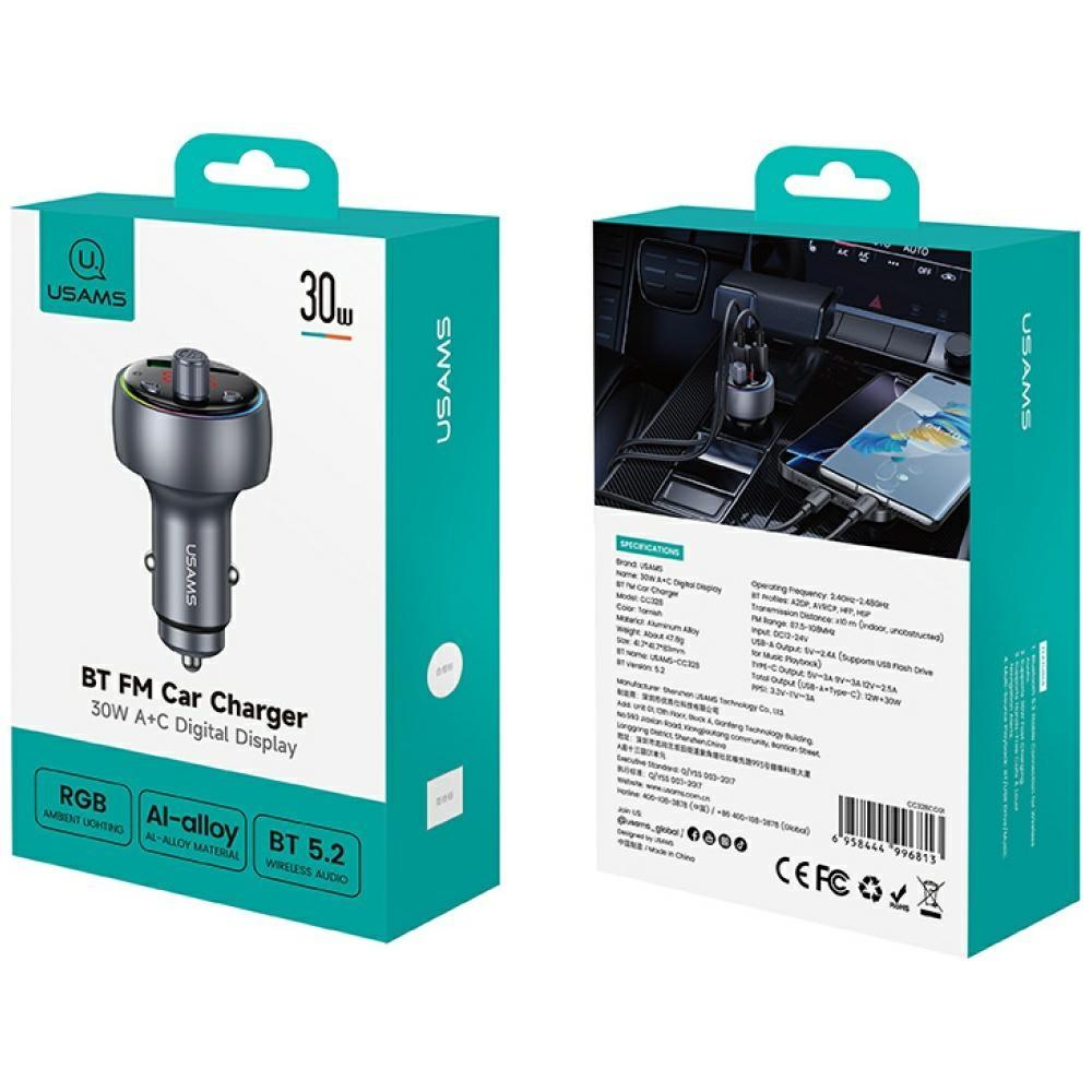 USAMS CC328 30W Car Charger 1xUSB-A 1xUSB-C Bluetooth FM tarnish