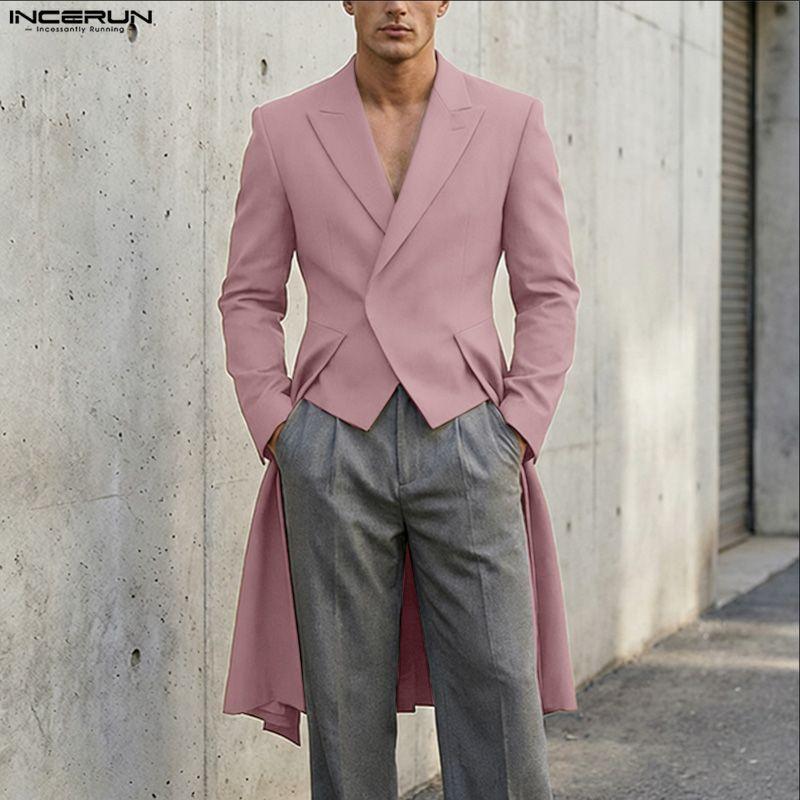 INCERUN Men Turn-down Collar Long Sleeve Irregular High Low Splits Ruffled Thin Blazer Coats