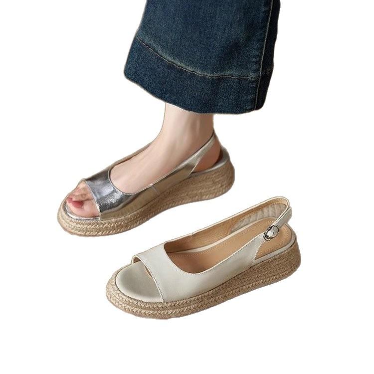 Hochhackige Muffin-Boden rundköpfige Gras geflochtene Zehenoffene Sandalen für Damen 2025 Sommer neu hochhackige Ein-Wort Römersandalen