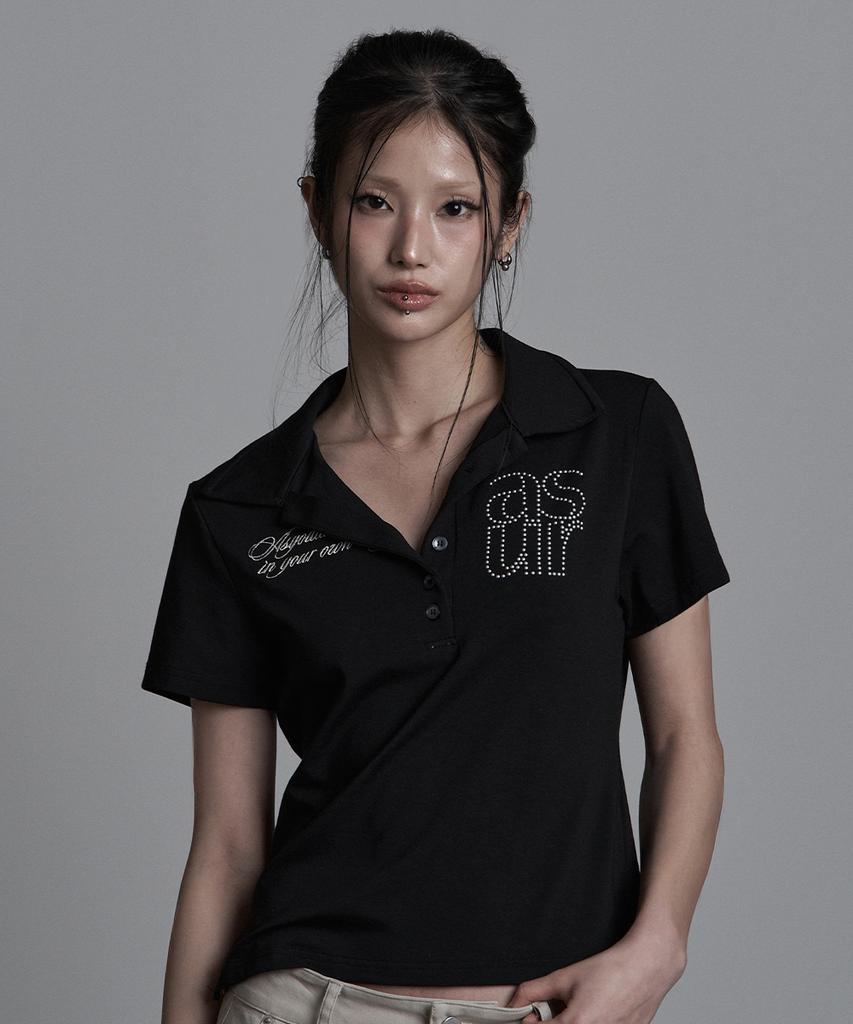 Aejeuyua Basic Hotfix Collared T-Shirt Black