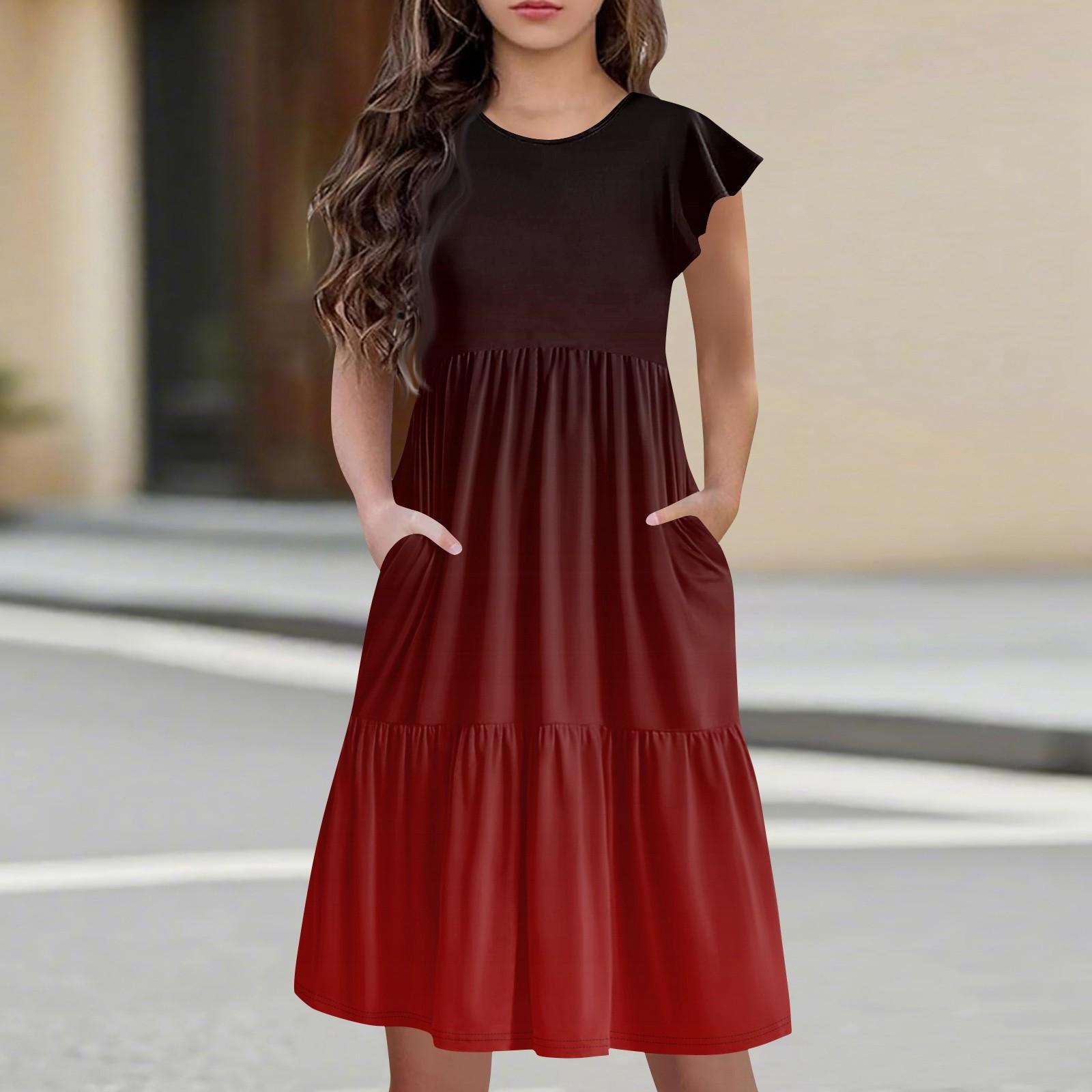 

Детская юбка с круглым вырезом, плиссированная, с коротким рукавом, юбка принцессы, модное повседневное платье с карманами для девочек 90 винный