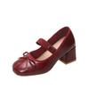 French Ballet Single Shoes Women's Sweet Bow Red Silk Small Leather Shoes Round Head High Heel Mary Jane Single Shoes Women