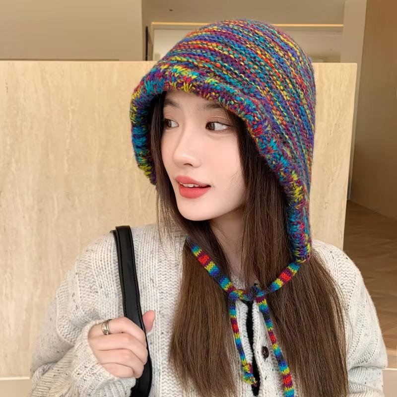 New Rainbow Striped Knitting Wool Beanie Hat Women Girl Winter Warm Crochet Ear Protection Cap Korean Ski Snow Windproof Bonnet