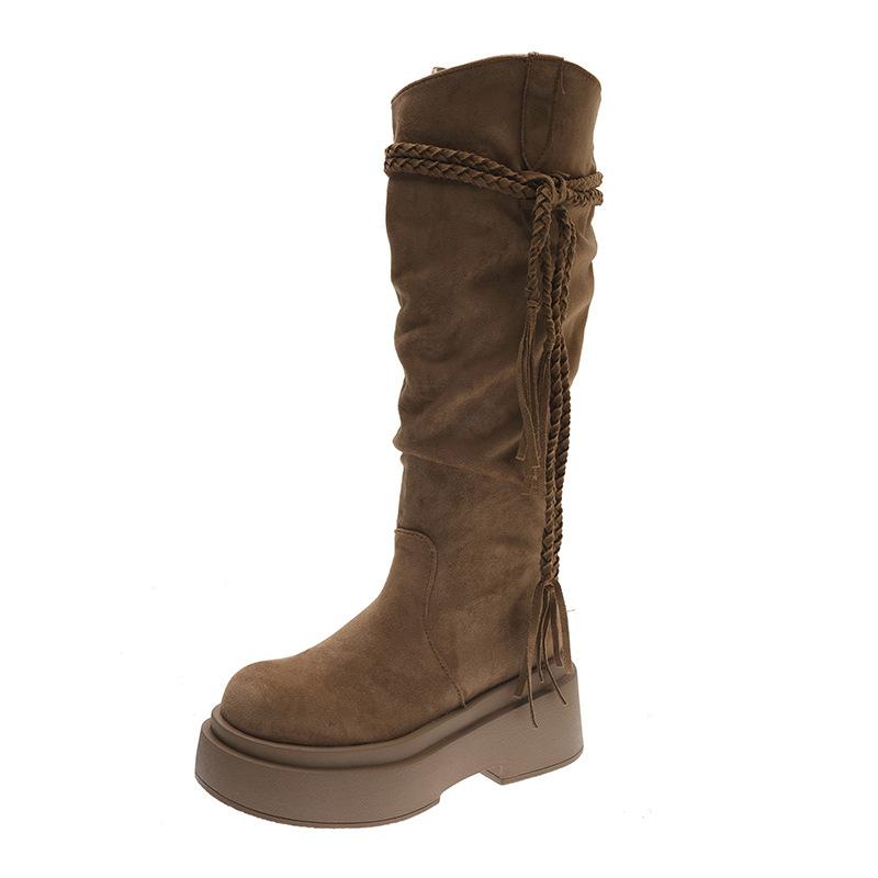 Pleated knight boots women's heightening wind flow Su weaving small man long boots piled up knees but tall wasteland thick bottom