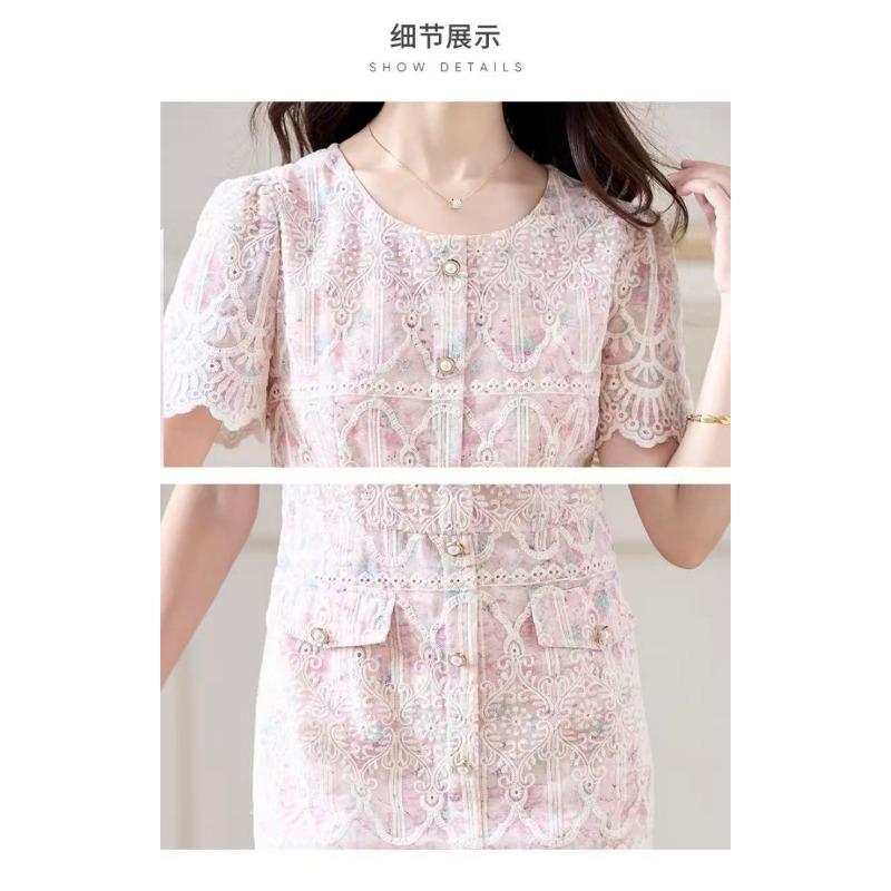 Women's French Style Pink Floral Lace Crew Neck Midi Dress