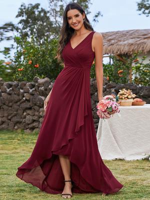 Ever-Pretty Asymmetrische Ruches Zoom Chiffon V-hals Bruidsmeisjesjurk met Tailleplooien voor Dames