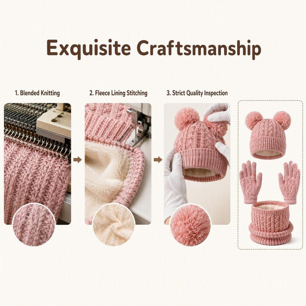 Kids Winter Warm Knitted Set Pom‑pom Hat Scarf Gloves 3‑Pcs Set Or Single Beanie Hat Windproof Ear Protection For Boys Girls Cold Weather Outdoor