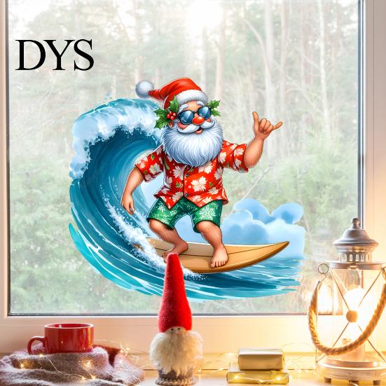 DIY Window Display Stickers Christmas Surfing Santa Claus Static Glass Sticker, Tropical Waterproof PVC Decal for Sunproof Surface Decals Home