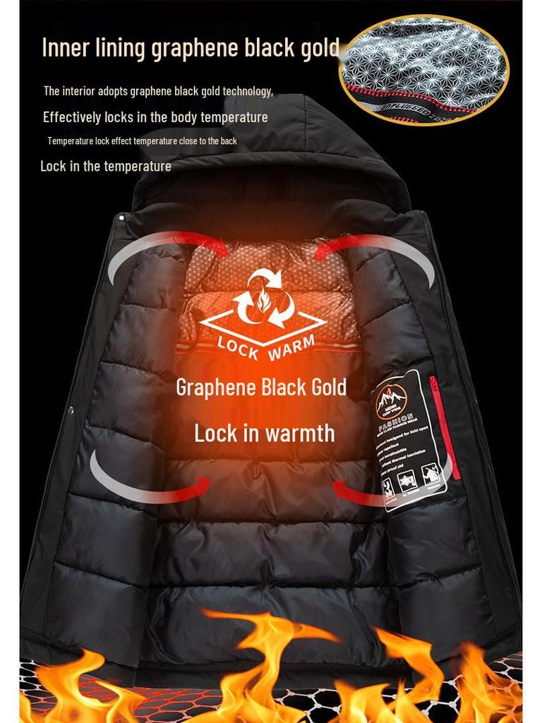 Men's Business Casual Down Jacket with Detachable Hood - Graphene Insulated, Thick Padded Cotton Coat for Winter