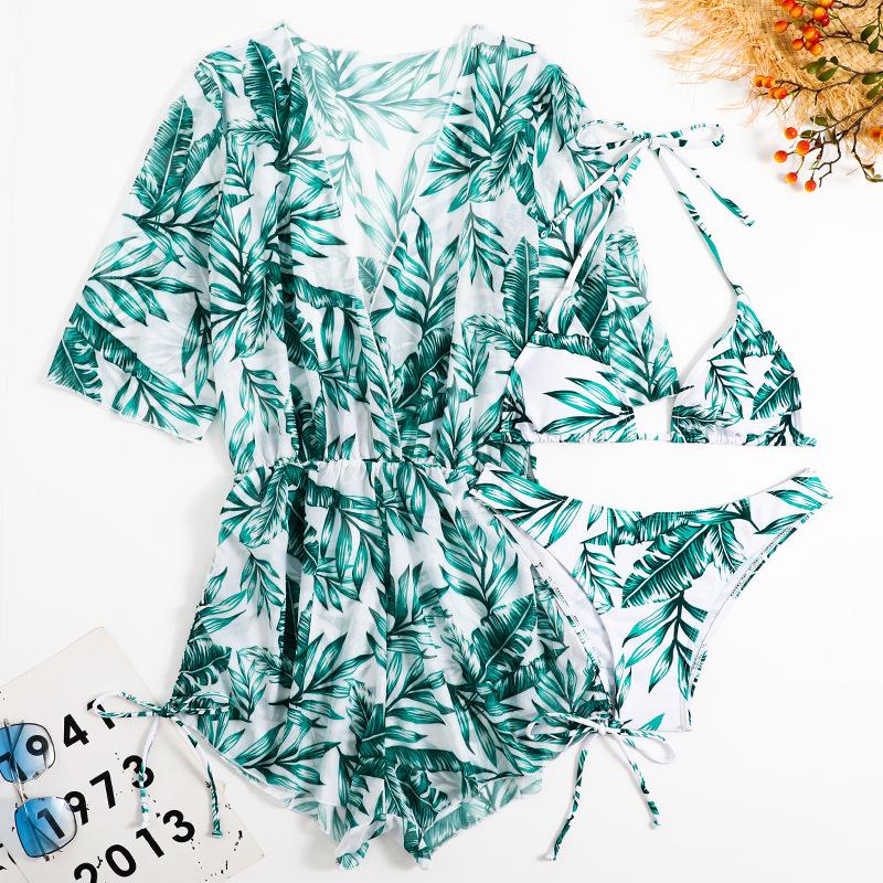 2023 European & American Sexy Three-Piece Digital Print Swimsuit Beach Bikini Set M небесно-голубой