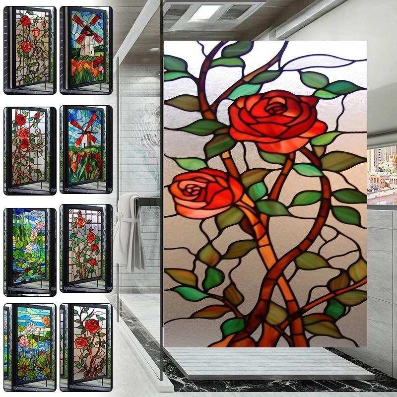 Art Rose Lotus Glass Film Church Stained Window Films Static Vintage Cling Waterproof Sun-proof Frosted Privacy Glass Stickers