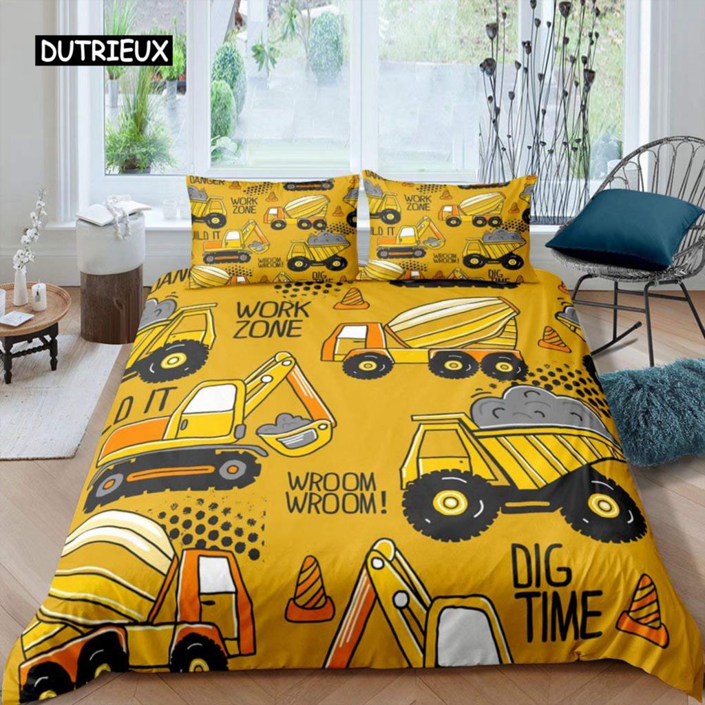 Excavator Duvet Cover Set Microfiber Tractor Truck Comforter Cover Twin Construction Vehicle Cartoon Bedding Set for Boys Teens