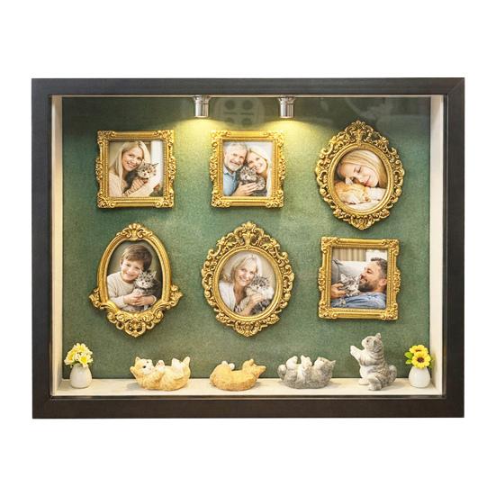 DIY Mini Museum Silhouette Box with Light Family Memory Photo Display Case Kit with 6 Gold Mini Frames 4 Miniature Cats 2 Potted Plants for Cat Lovers