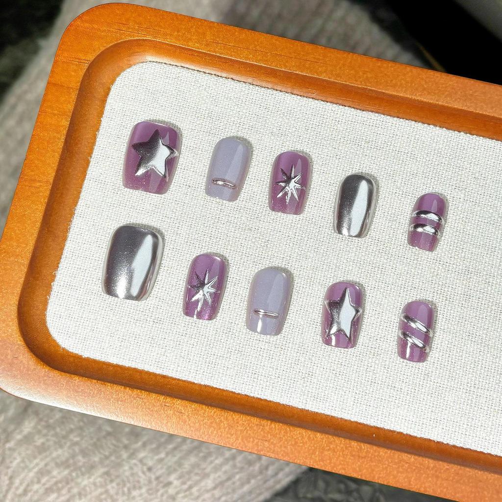Magic Mirror Silver Purple Cat Eye Spicy Girl Y2K Handmade Short Wearable Nail Art Patches