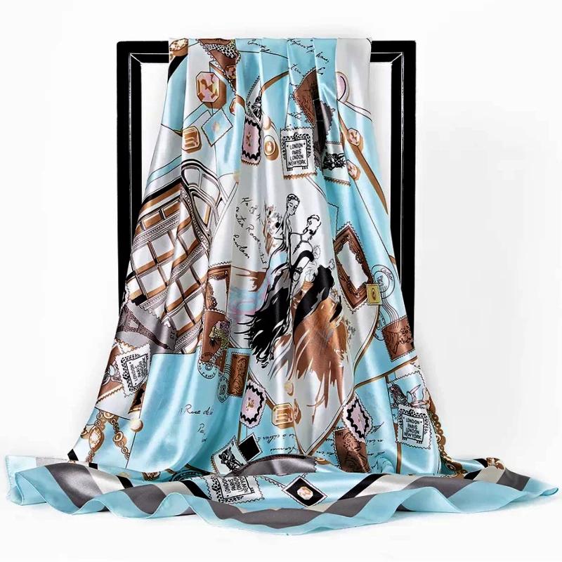 90*90Cm Satin Scarf For Women Cashew Flower Print Chain Scarf Spring And Summer  Style Shawl Scarf For Women   Style