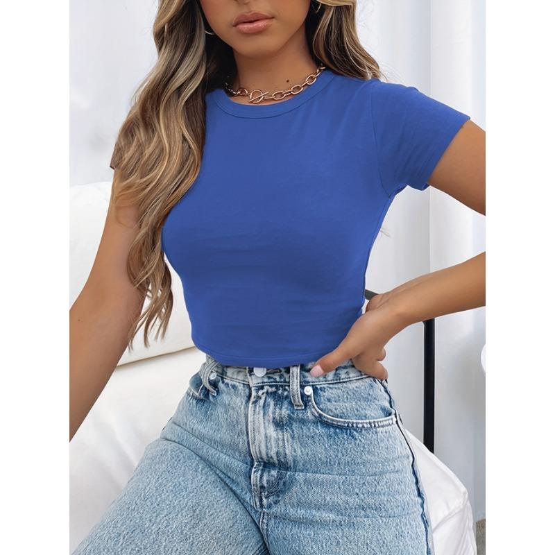 Women's Black Solid Color Round Neck Short Sleeve Slim Fit Crop Top