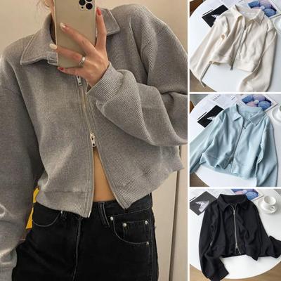 Autumn Winter Lady Coat Waffle Texture Dual Zipper Zip-up Long Sleeves Turn-down Collar