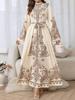 Beige and Brown Paisley Print Stand Collar Flared Sleeve Maxi Dress