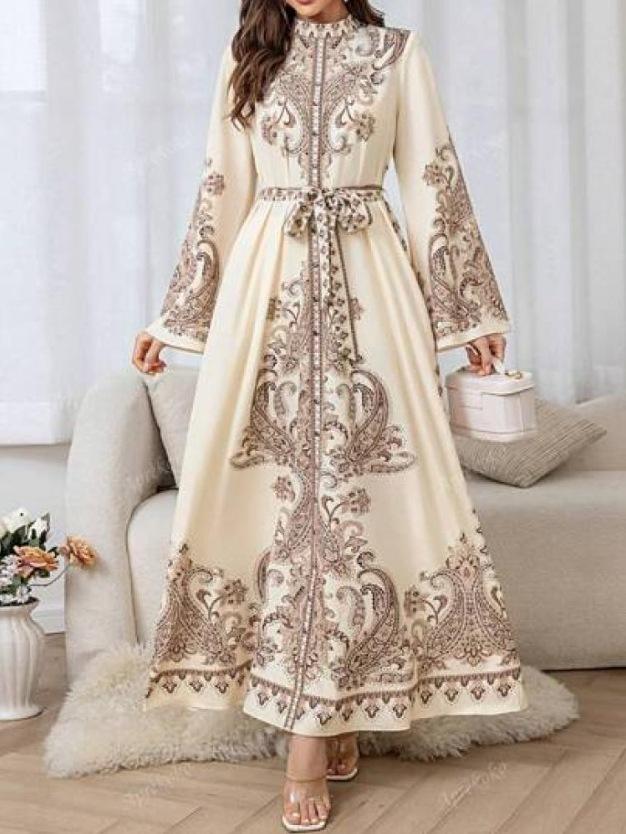Beige and Brown Paisley Print Stand Collar Flared Sleeve Maxi Dress
