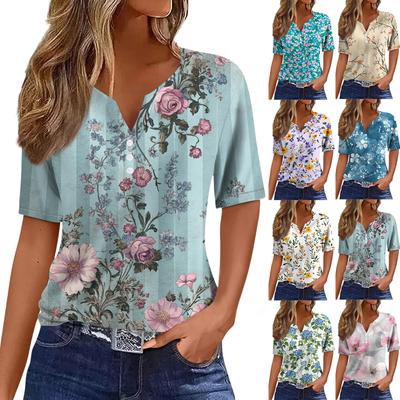 Women's T Shirt Tee Print Button Short Sleeve Daily Weekend Fashion Basic V- Neck Regular Top
