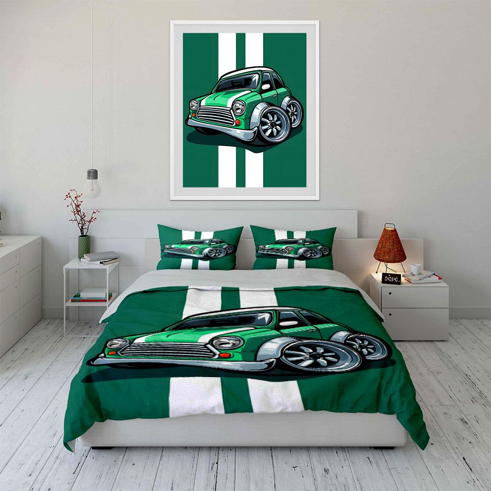 Green car, white stripes. Bedding sets Duvet cover sets Duvet covers Pillowcases(1 * Duvet Cover 2 * Pillowcases without duvet insert)