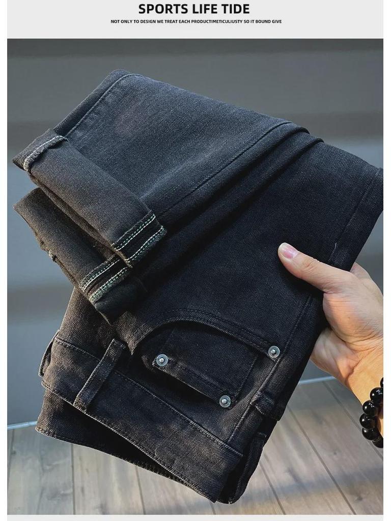 Men's Slim Fit Elastic Embossed Jeans - Black European Autumn/Winter Collection