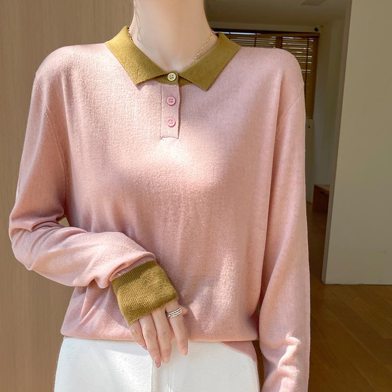 

Женский трикотажный пуловер из мериносовой шерсти с цветными блоками и лацканами, 2025 XXL розовый