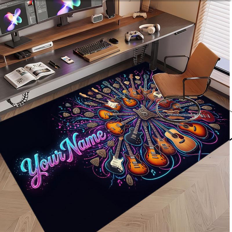Music Guitar Theme Soft Crystal Velvet Rug Custom Name & Text Print Non Slip Floor Rug for Bedroom Living Room