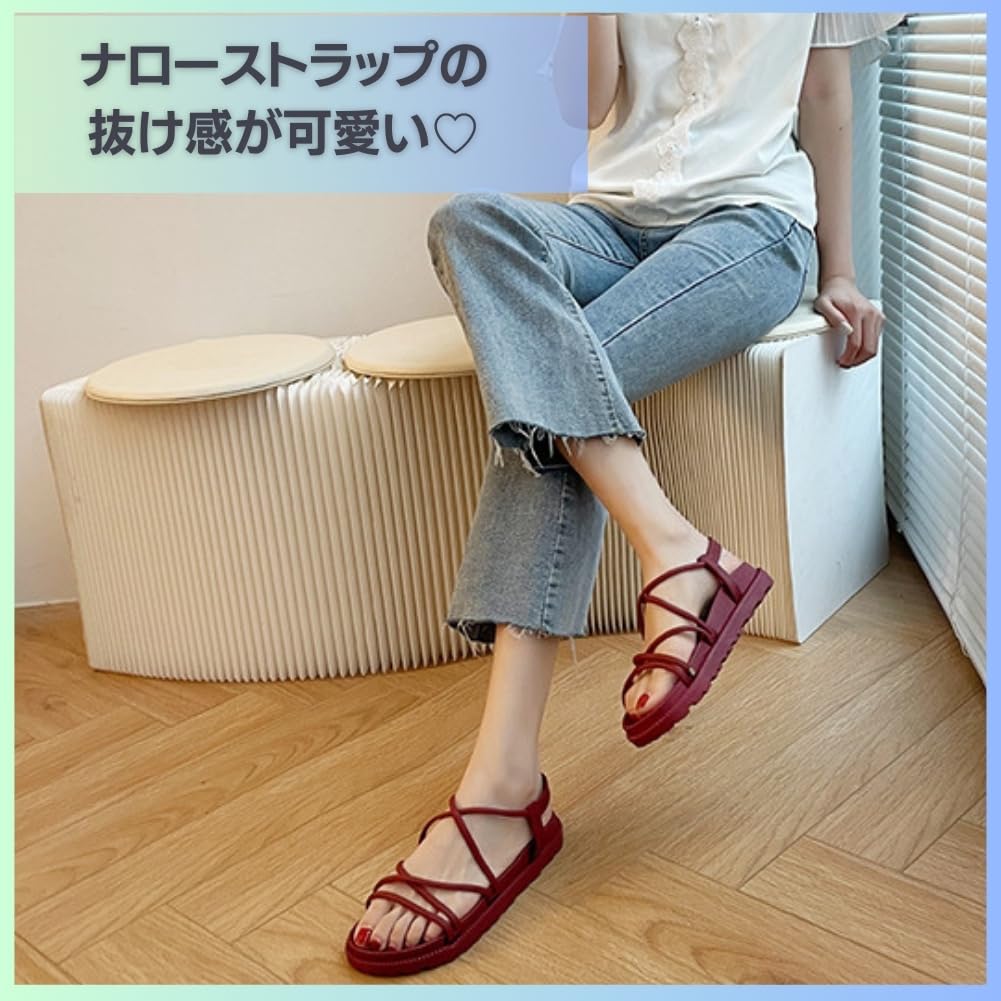 Narrow Strap Sports Sandals for Women [Tiki&Tiki] Lace-up (Wine Red, L)