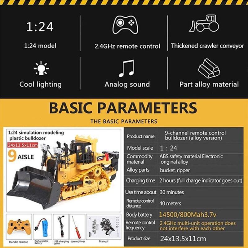 1:24 9CH Multifunctional RC Bulldozer Crawler Type Plastic Shovel Engineering Forklift Heavy Excavator Toy Gifts for Kids