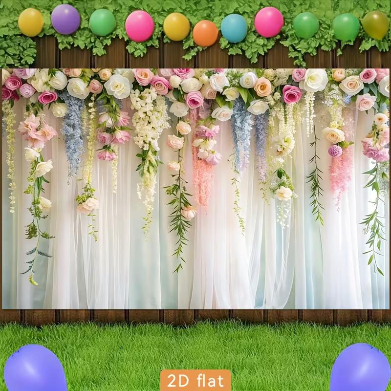 2D Pastel Flower Backdrop with Sheer White Curtain Background Cloth