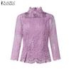 ZANZEA Damen 3/4-Ärmel Casual Durchsichtige Spitze Patchwork Bluse