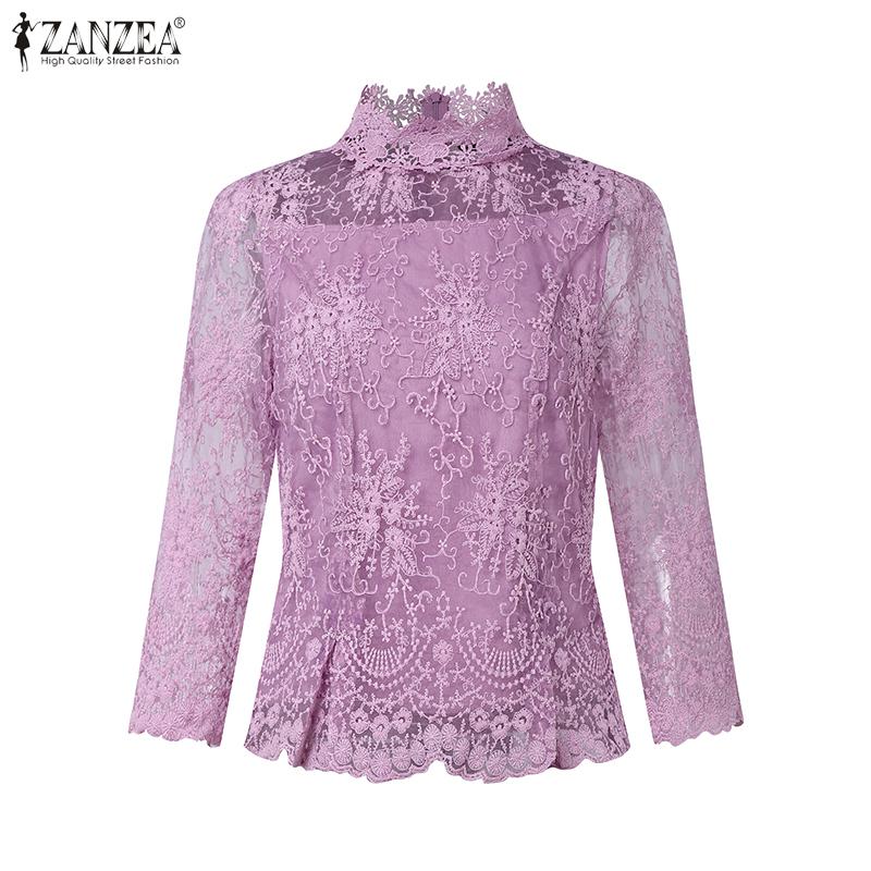 ZANZEA Damen 3/4-Ärmel Casual Durchsichtige Spitze Patchwork Bluse