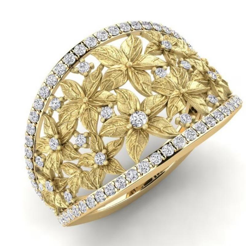 Vintage Inlaid White CZ Flower Women's Ring Classic Gold Color Hand Carving Daily Wear Party Jewelry Anniversary Gift