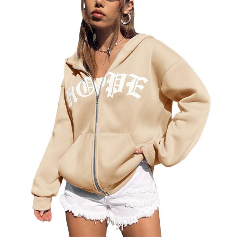 Unisex Oversized Zip-Up Hoodie With Letter Print Cotton Blend Warm Casual Sweatshirt