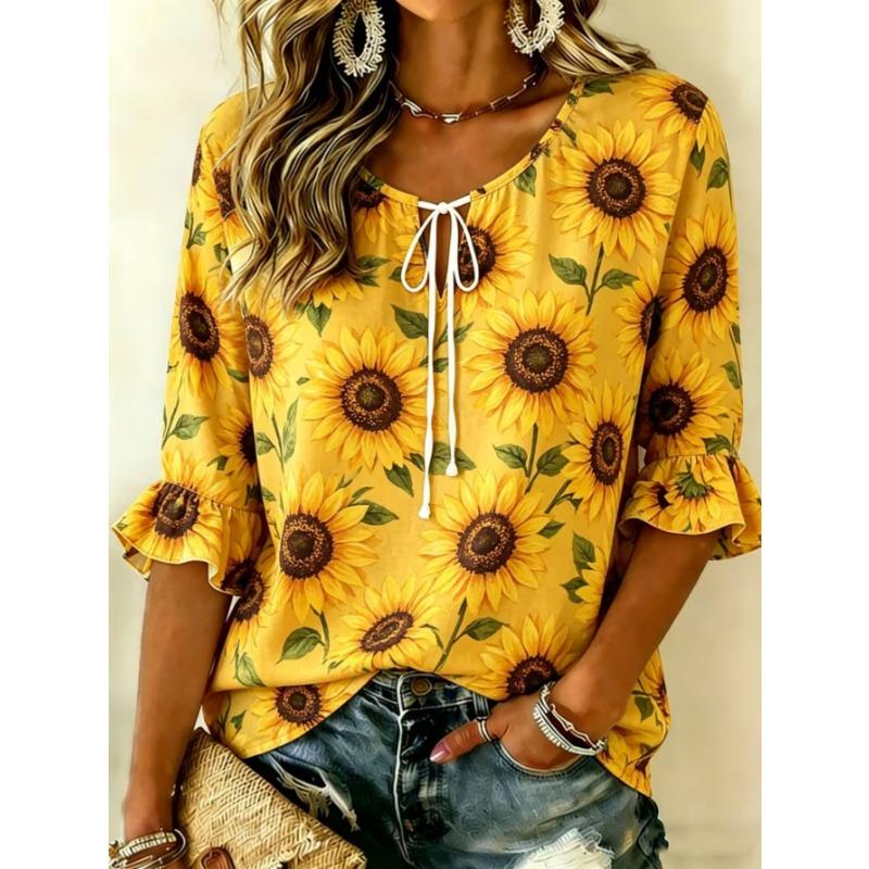 Women's Elegant Printed Lace-up Flared Top, Stylish and Versatile, Comfortable and Skin-friendly