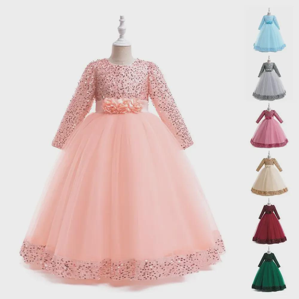 2024 Girls' Sequin Long Sleeve Evening Dress for Catwalk and Events