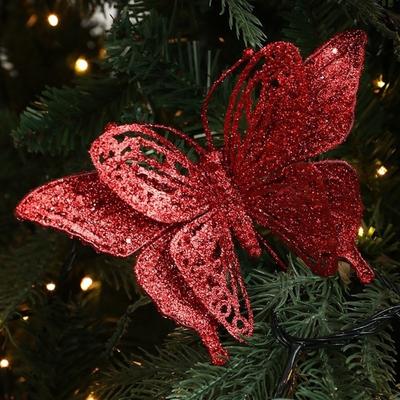 Glitter Butterfly Christmas Flower Sequins Simulated Artificial Butterfly Clip Exquisite Flocking Butterfly Pendants Home Party