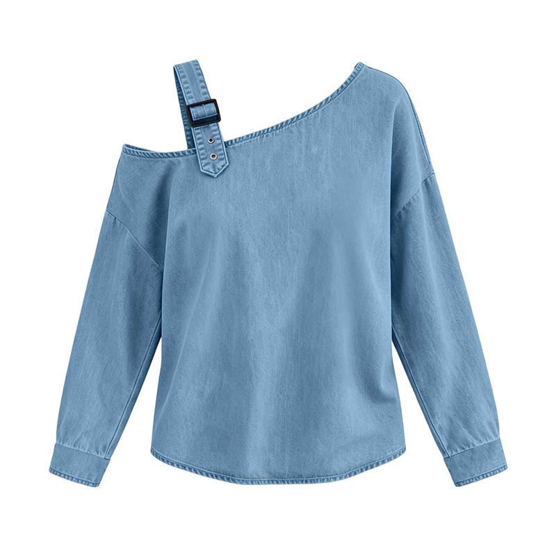 Denim Off-the-Shoulder Long Sleeve Oversized Casual Loose Tops Women Spring Autumn T-shirt