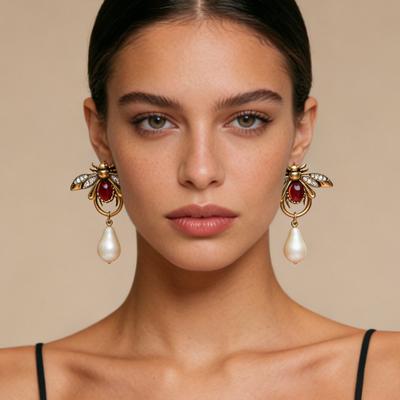 ZA Cross-border Personalized Retro Insect Water Drop Imitation Pearl Micro-inlaid Zircon Animal Earrings High-end Exquisite Design Female