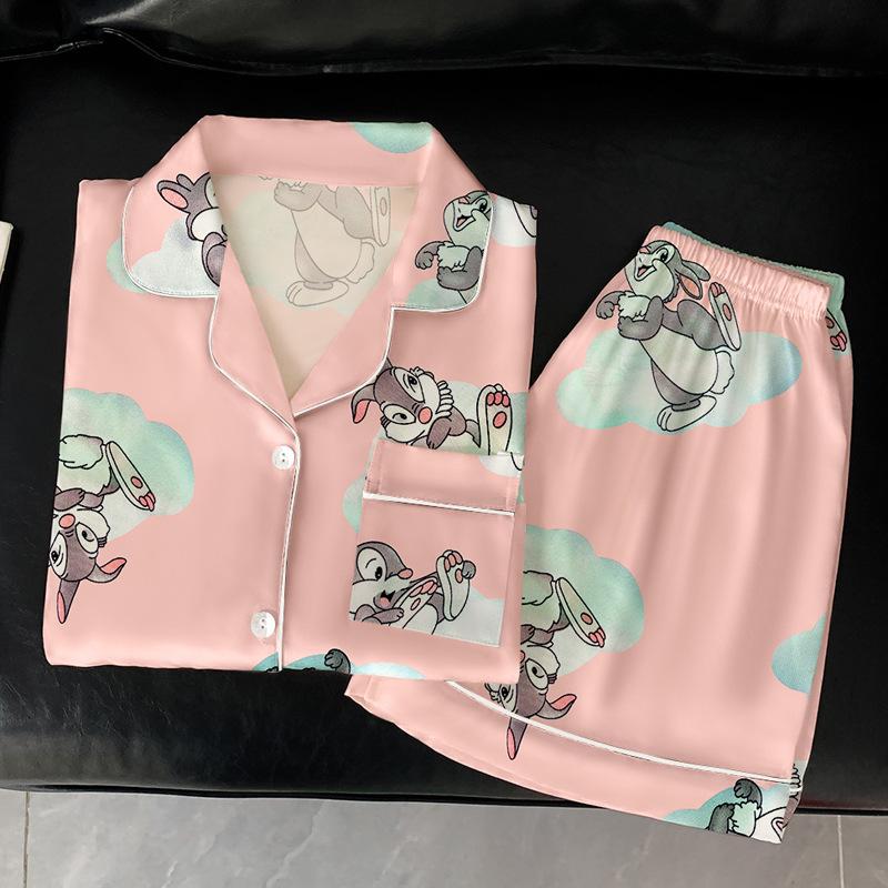 Cartoon Cartoon Little Pink Rabbit Summer Short-Sleeved Ice Silk Satin Pajamas Women'S Sweet Wind Loungewear Set
