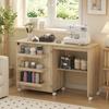 Folding Sewing Table, Drop-Leaf Front, Storage Bins, Open Shelf, Casters, Natural Wood