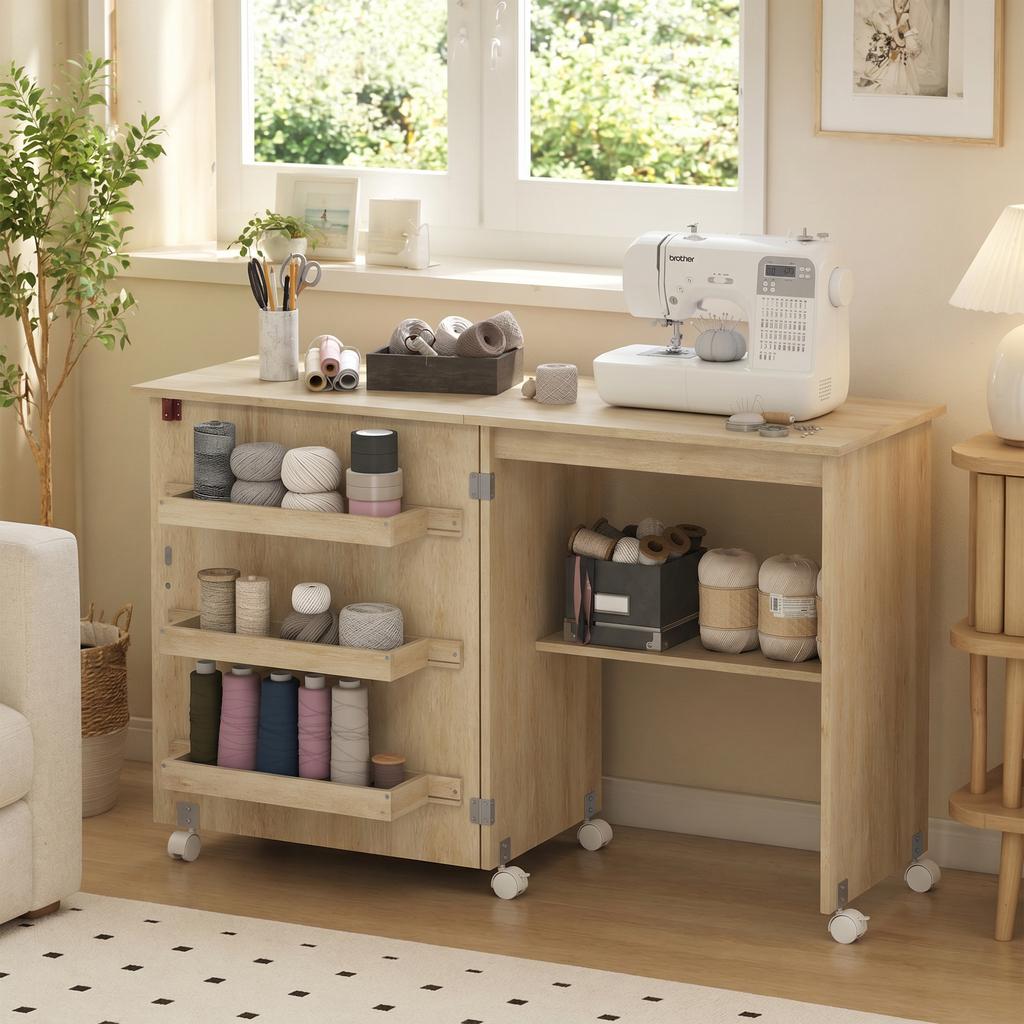 Folding Sewing Table, Drop-Leaf Front, Storage Bins, Open Shelf, Casters, Natural Wood