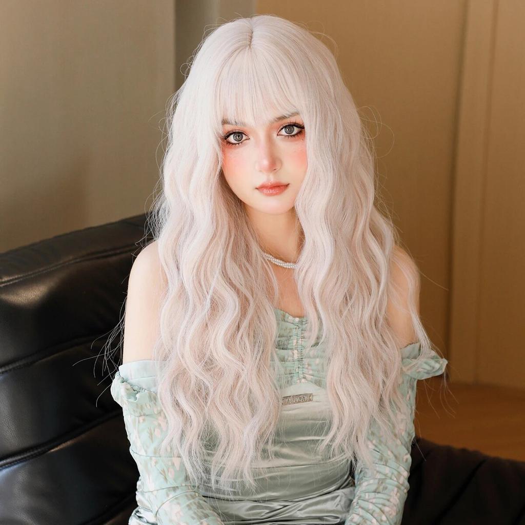 WIGS Long Wavy White Pink Wig for Women Daily Party Synthetic Light Blonde Wigs with Bangs Costume Lolita Wig 26 Inch