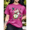 Bird and Flower Pattern Round Neck Short-sleeved T-shirt, Casual Fashion Top for Women
