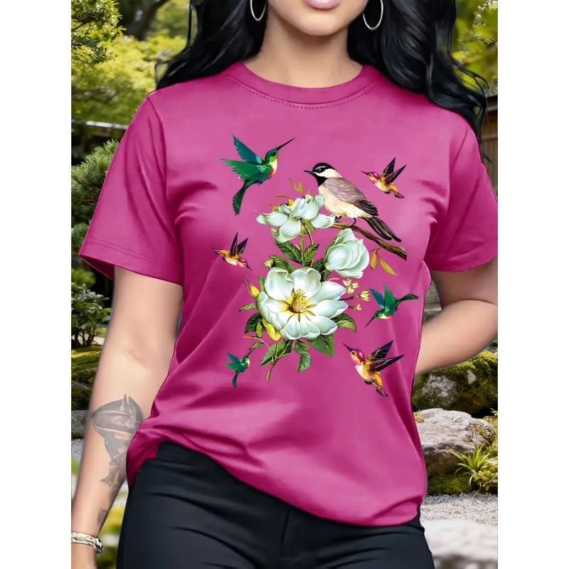 Bird and Flower Pattern Round Neck Short-sleeved T-shirt, Casual Fashion Top for Women