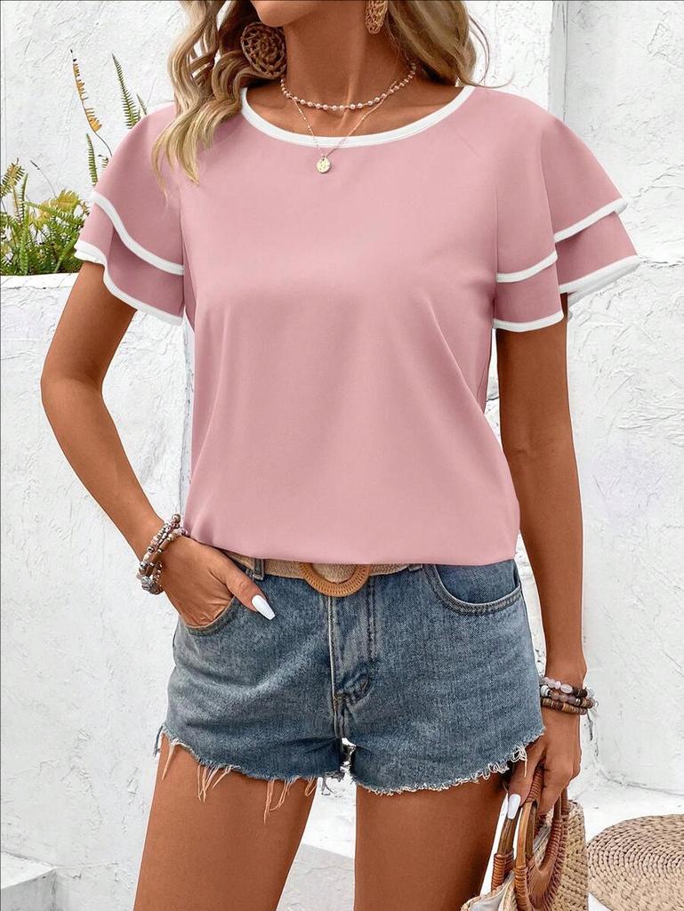 Women Elegant Ruffled Sleeve Color Block Loose Round Neck Short Sleeve Top